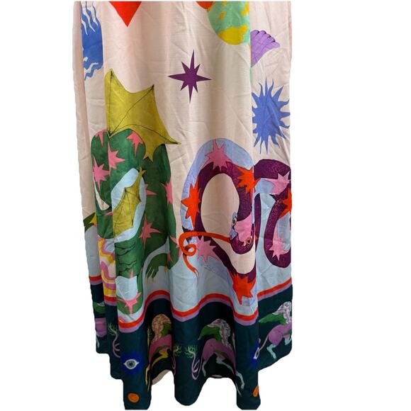 Bohemian Cami Maxi Dress Medium Graffiti Colorful Print Smocked Snake Dragon - Picture 4 of 16